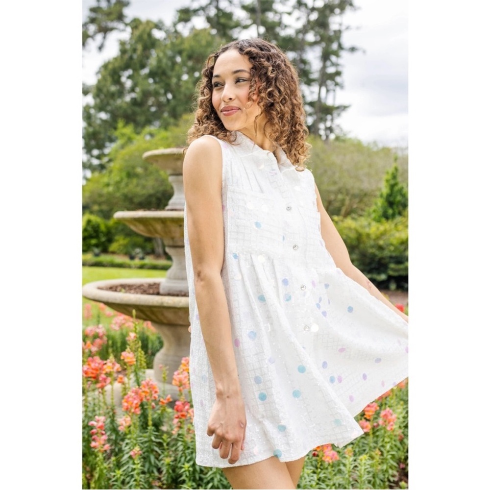 Queen of Sparkles White Checkered Sequin Shirt Dress Rhinestone Button L - Picture 7 of 14